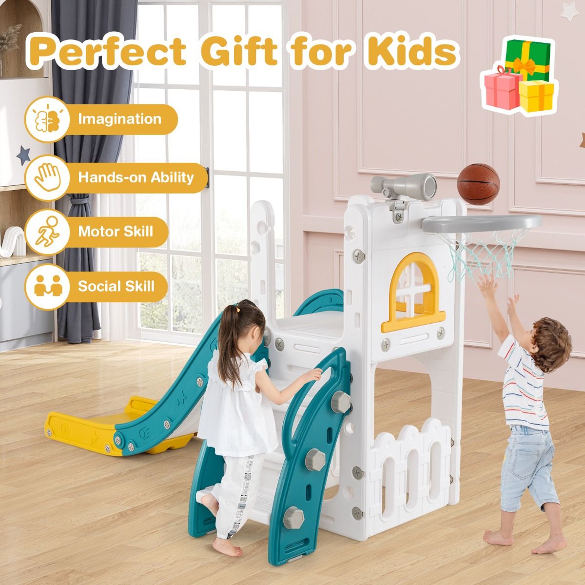 Toboggan pour enfants Coast 6-en-1 - avec panier de basket et télescope - en forme de L - vert