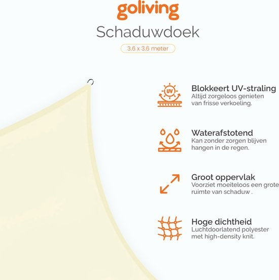 Goliving Shade Cloth - Store carré - Toile solaire - Bloque les rayons UV - 3,6 x 3,6 mètres - Blanc crème