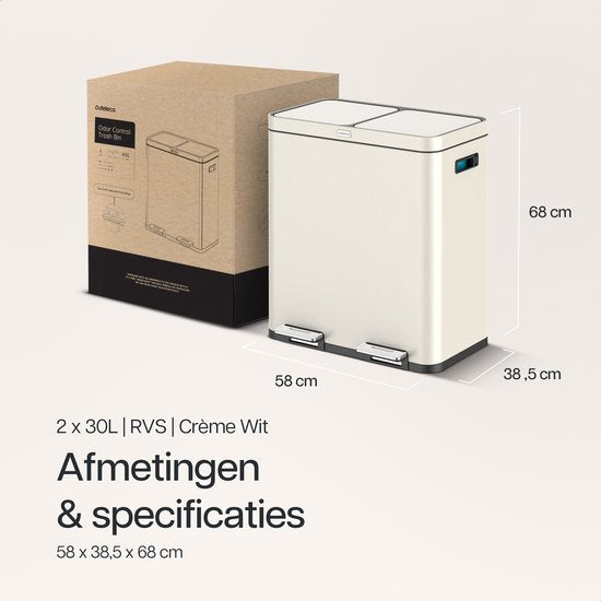 Deleca Recycle Bin with 2 Compartments - 60 Litres (2x30) Waste Bin - Waste Separation / Deposit Container / Pedal Bin - Garbage Bin with FreshAura Odour Control - Slow Close - Stainless Steel Cream White
