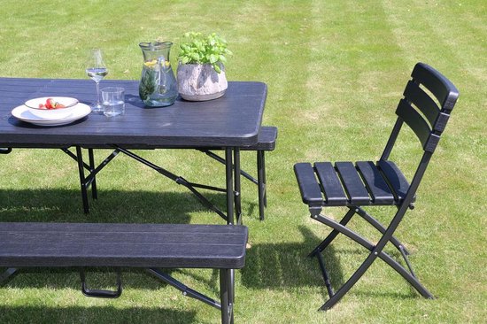 ERRO Banc pique-nique - Banc de jardin pliant - Aspect bois - Noir - 180cm