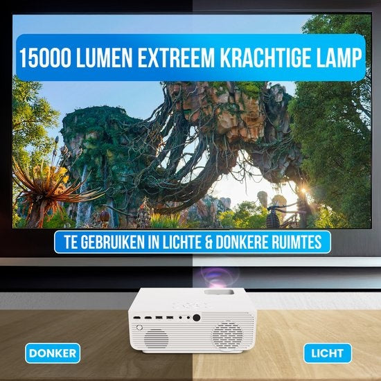 Strex Beamer - 1080P Full HD - 15000 Lumen - Streaming sans fil - Sacoche/écran de projection inclus - WiFi - Bluetooth - Mini Beamer - Projecteur