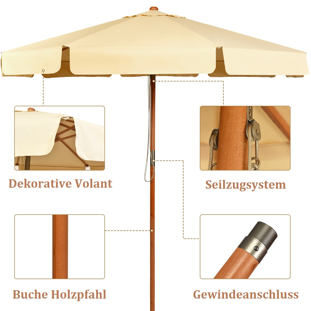Coast parasol de jardin - inclinable - étanche - avec protection uv - bois - 3m - beige