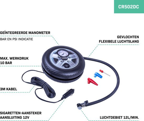 VONROC Mini compresseur - 12V - Avec manomètre - Max. 10 bar - 3 adaptateurs inclus