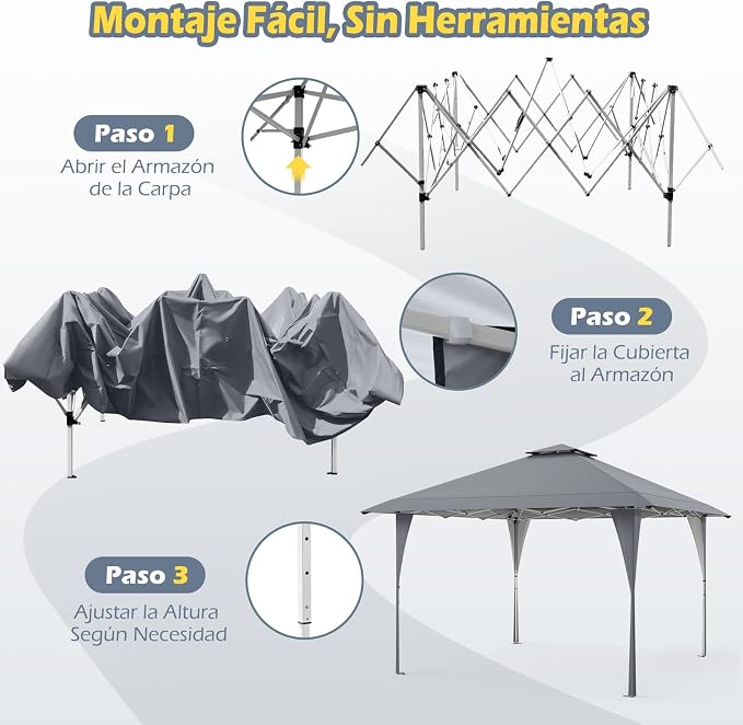Tente de fête pliable Coast 3,95 × 3,95 m – Pavillon pop-up avec toit ventilé, 3 réglages de hauteur, protection UV et sac de transport – Gris