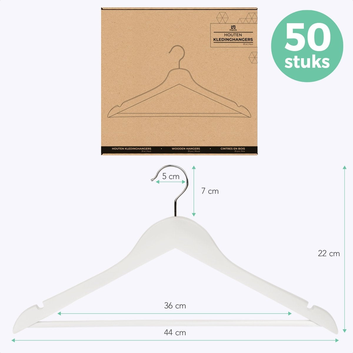 LifeGoods Cintres - Avec barre de pantalon - Bois dur - Blanc - 50 pièces