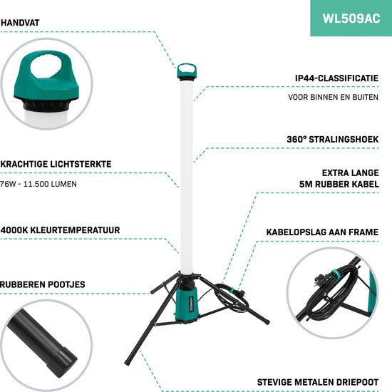 VONROC PRO Lampe de chantier 360° - LED - 76W - avec trépied/trépied - Très puissant : 11.500 lumens - hauteur : 151 cm - câble de 5 mètres