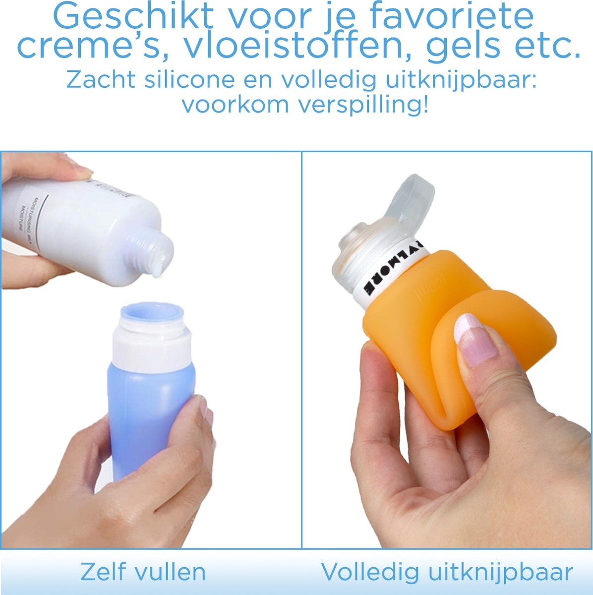 TRVLMORE Bouteilles de voyage en silicone - rechargeables - bagage à main - 100 ML - 3 pièces - Orange/Pourpre/Bleu