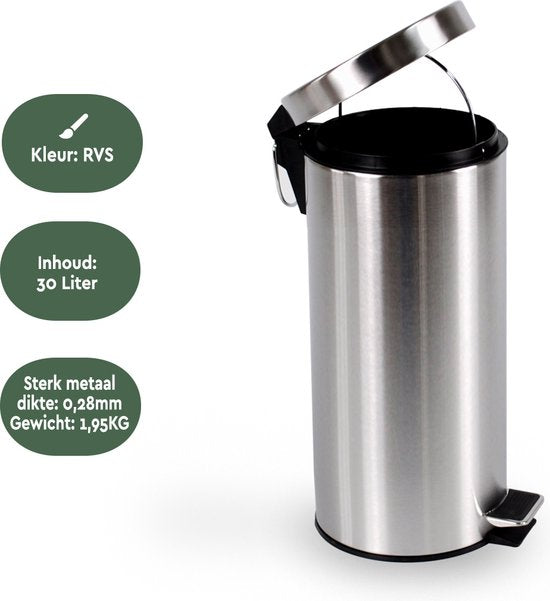 BRASQ Poubelle à pédale 30 litres - acier inoxydable - PB130 - Poubelle à pédale amovible - Poubelle - Corbeille - Poubelle - Déchets