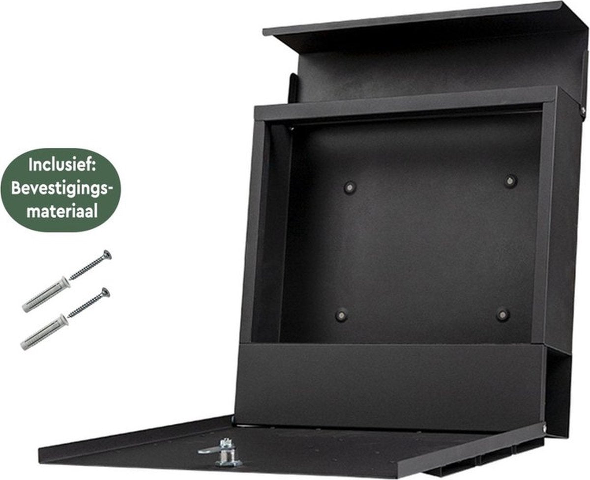 BRASQ Deluxe Letterbox Black 37.5 x 36.5 x 11 cm - Boîte aux lettres murale avec serrure et compartiment à journaux - Comprend le matériel de montage et 2 clés