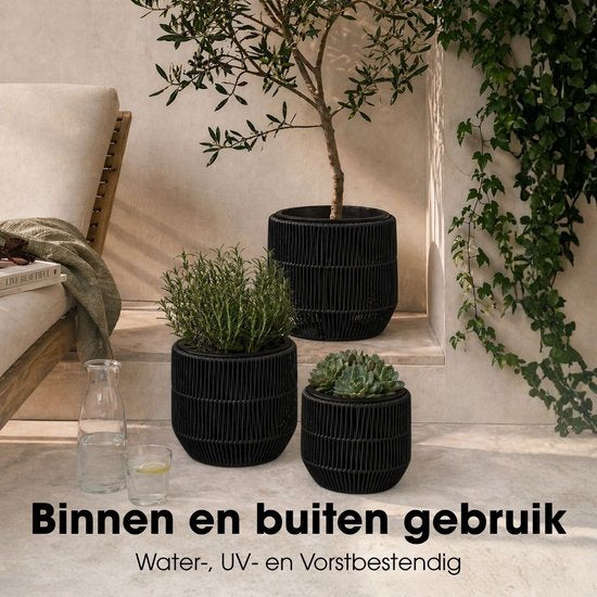 Mica Decorations Peta – Pot de fleurs d'extérieur – Lot de 3 – Pot pour fleurs et plantes d'extérieur – Pots de fleurs d'extérieur – Noir