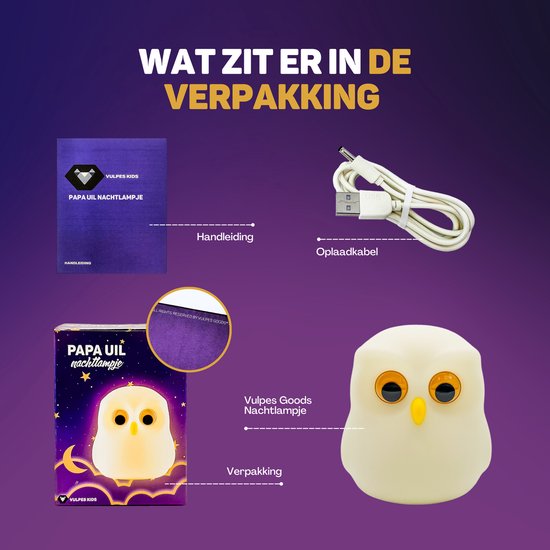 Vulpes Goods® Veilleuse pour enfants - 8 couleurs de LED et blanc - Veilleuse pour chambre de bébé - Hibou - Rechargeable par USB - Variateur - Minuterie - Sans fil - Adapté aux enfants