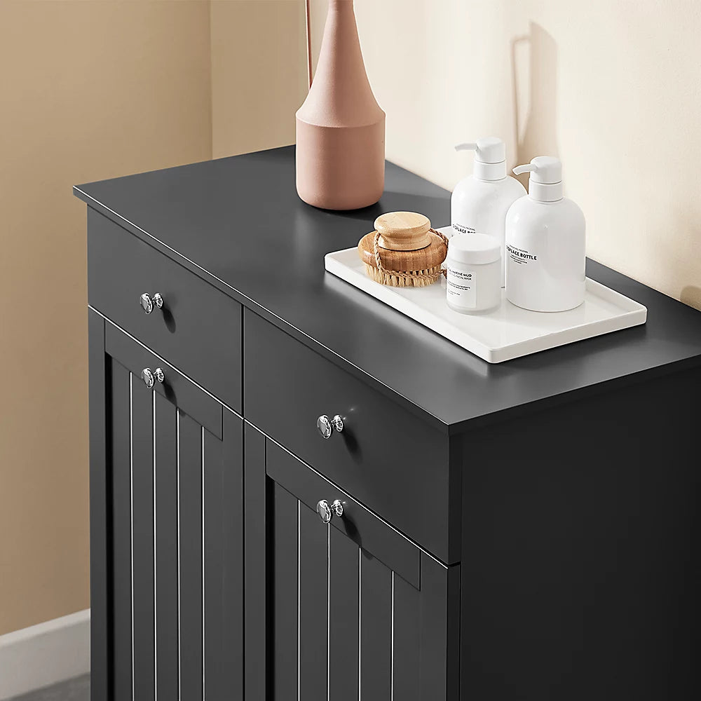 Armoire de salle de bains indépendante SoBuy avec panier à linge – Équipée de deux sacs à linge amovibles, de deux tiroirs et de quatre patins en silicone – Pour la salle de bains et la buanderie – MDF noir et tissu – 78 x 39 x 91 cm