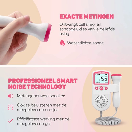 Vulpes Goods® BabyCare - Doppler Baby PRO - Baby Heart Monitor - Doppler fœtal - Doppler des battements cardiaques du bébé - Dispositif d'écho - Cadeau de grossesse - Rose - Gel d'échographie et bouchons d'oreille inclus