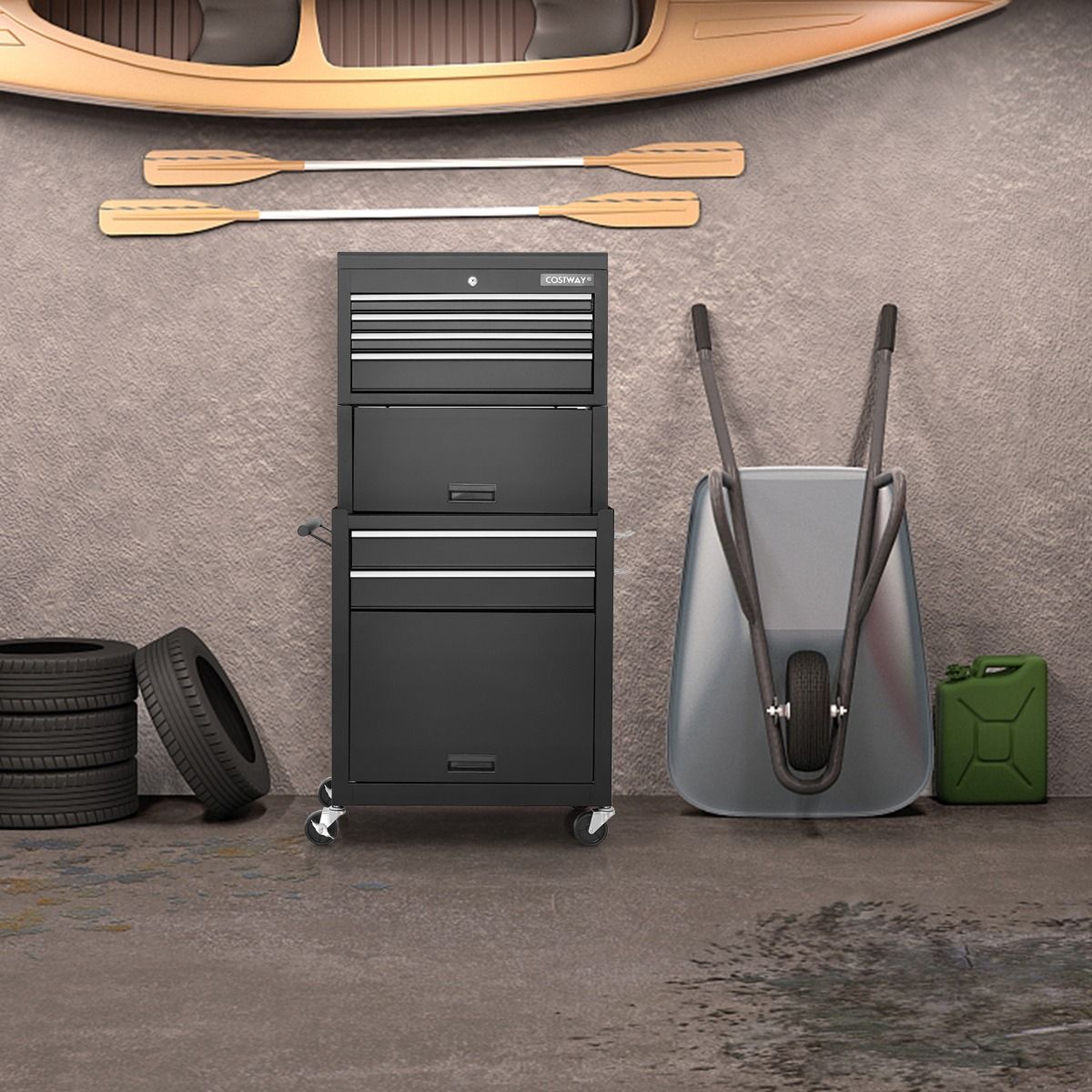 Coast - Chariot d'atelier Armoire à outils - 2-en-1, 6 tiroirs, verrouillable, capacité 83 kg - 61,5 x 33 x 132 cm - métal/acier - noir