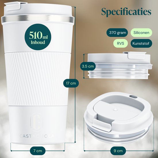 Mug isotherme Castagnola - Mug à café à emporter - Mug de voyage pour café et thé - Mug à thé - 510 ml - Acier inoxydable - Blanc