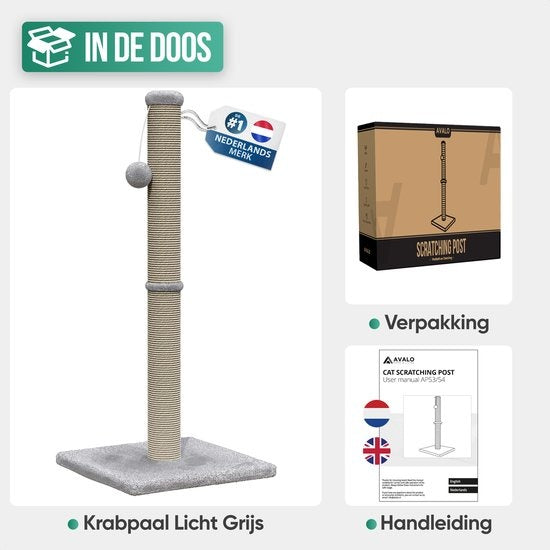 Avalo griffoir avec boule de jeu - 36x36x74 - Gris clair - Griffoir pour chat