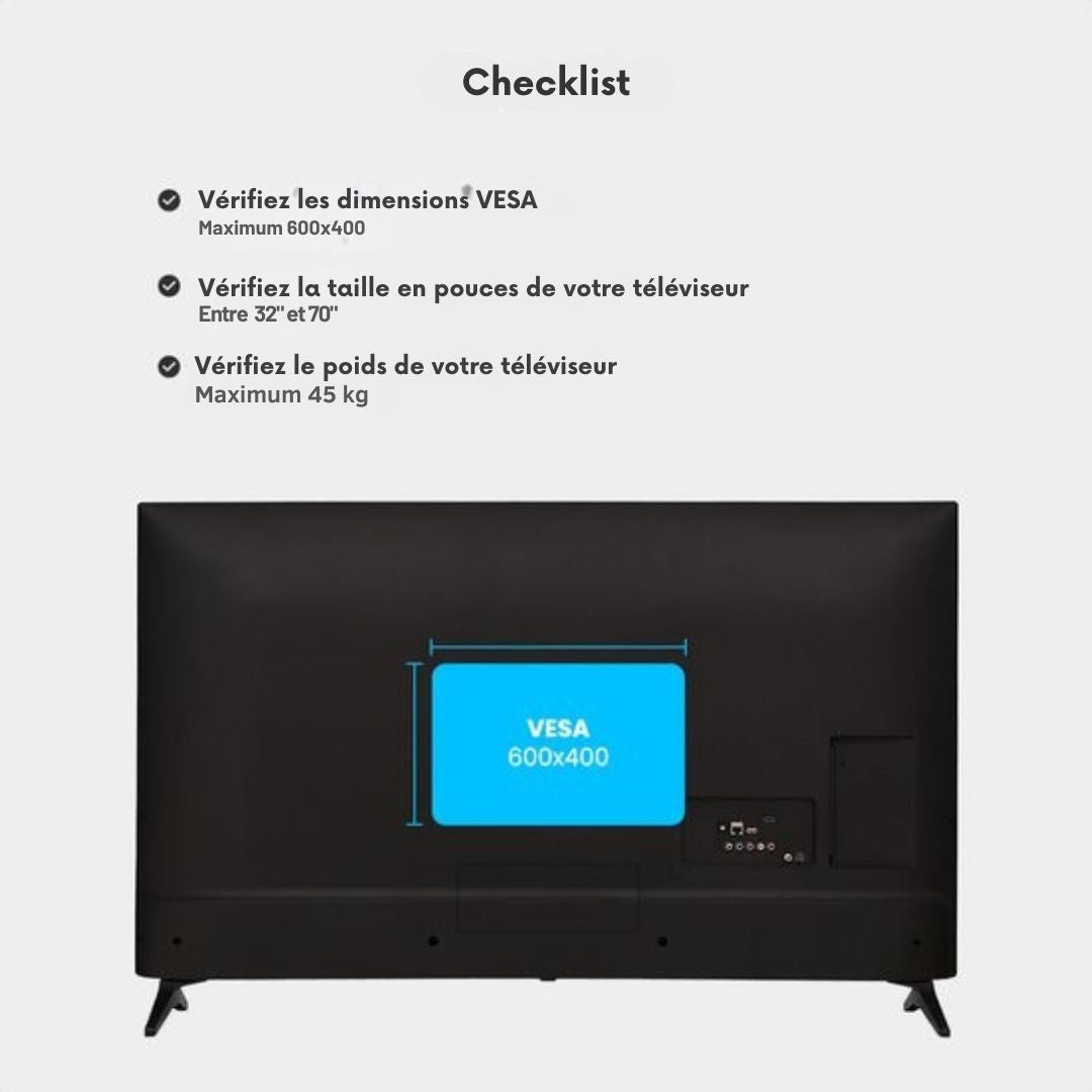 Meuble TV Auronic- hauteur réglable - Pivotant - Inclinable - 32 à 70 pouces - Noir