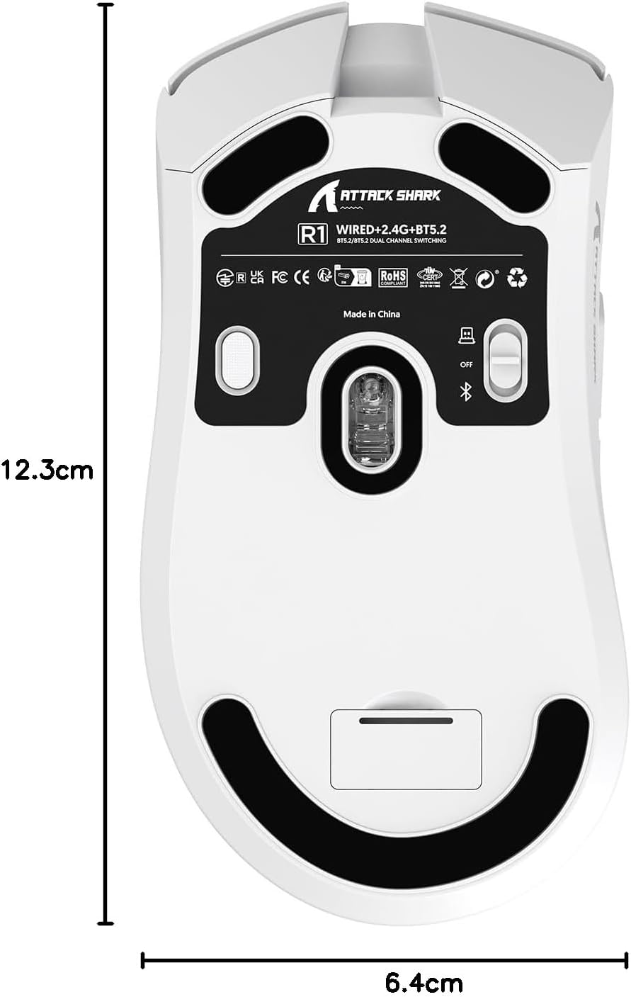 ATTACK SHARK R1 Superlight Gaming Mouse 59g - Blanc - 12.2 × 6.4 × 3.8 cm - Sans fil et filaire - Jusqu'à 18 000 DPI - 65 heures d'autonomie de la batterie
