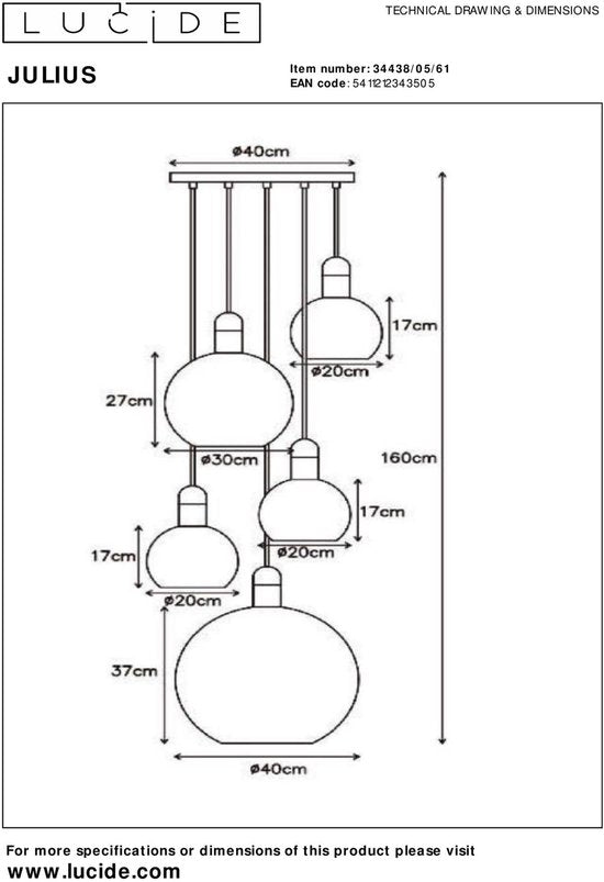 Lucide JULIUS - Suspension - 5xE27 - Opale