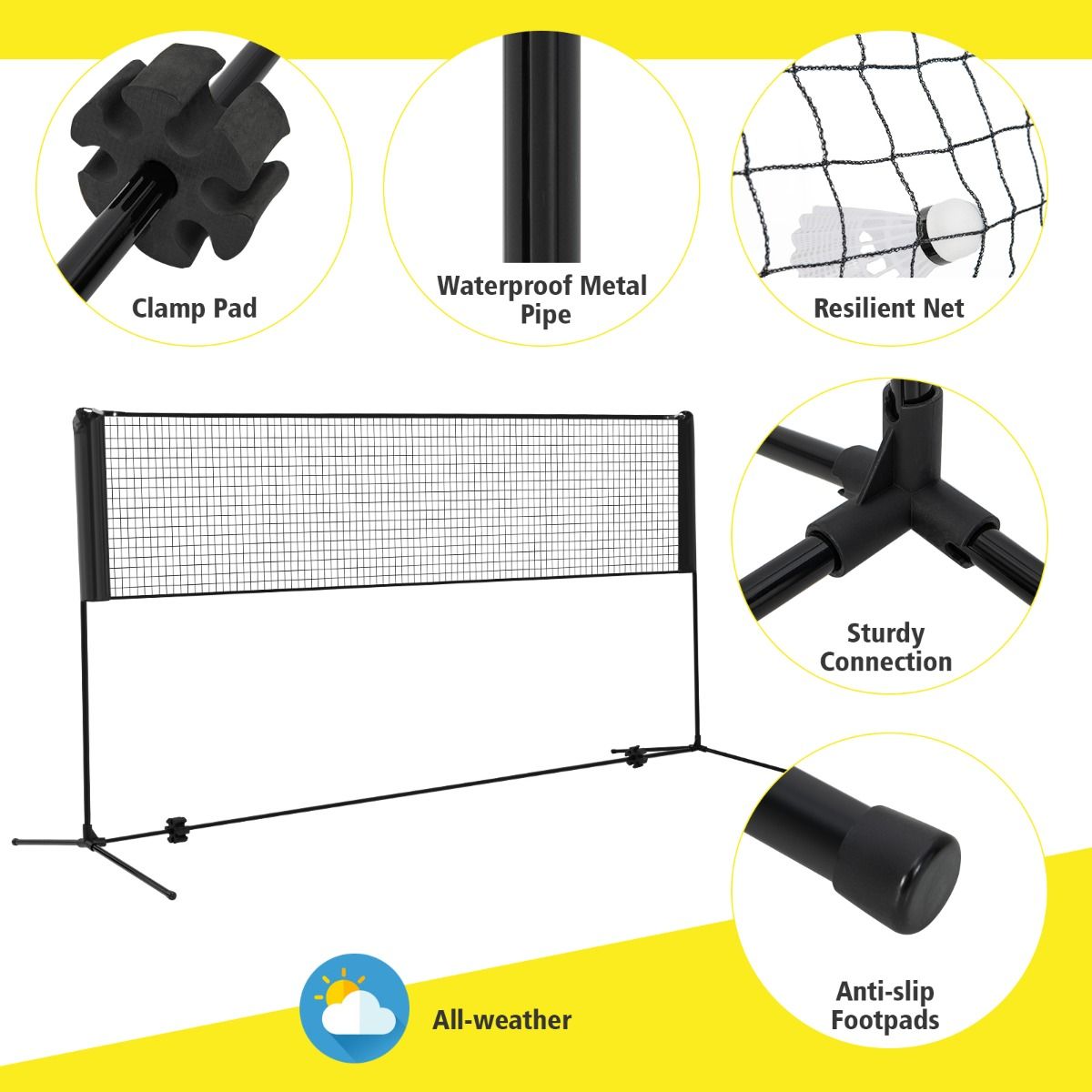 Kit standard de filet de badminton Coast - Réglable en hauteur - 310 x 102 x 89-155 cm - Noir - Avec 2 volants et un sac de transport