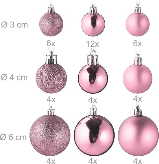 Lot de 100 boules de Noël - plastique - mat - brillant - pailleté - 10 motifs - rose