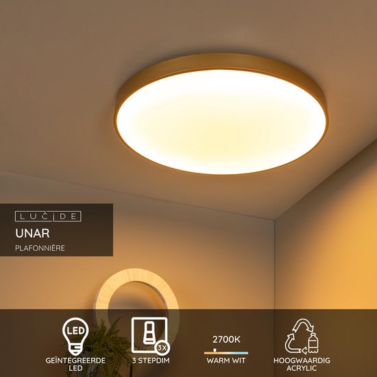 Lucide UNAR - Plafonnier - Ø 60 cm - LED 3 StepDim - 1x60 W 2700 K - Or mat / Laiton