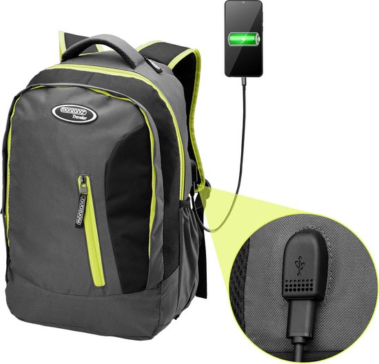 Sac à dos pour ordinateur portable - 34L avec port USB et compartiment pour ordinateur portable de 15,6" - Gris/Vert