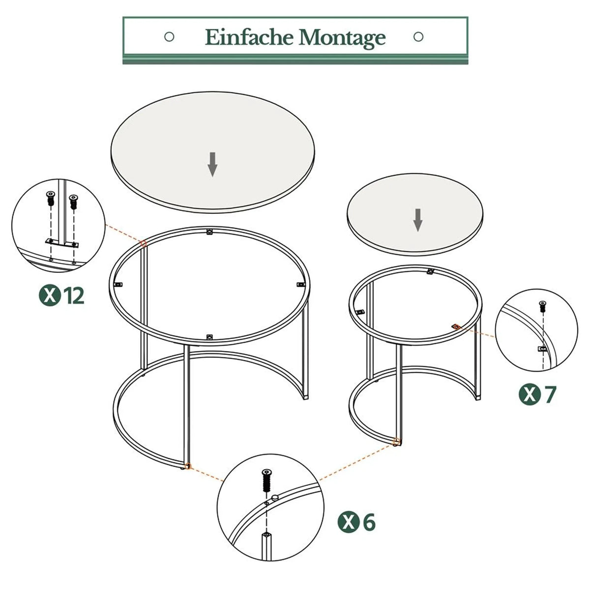 Lot de 2 tables d'appoint rondes Yaheetech – Dotées d'un système emboîtable, d'un plateau hydrofuge et d'un piètement en métal – Pour le salon et la chambre – MDF gris – 60 x 60 x 50,5 cm
