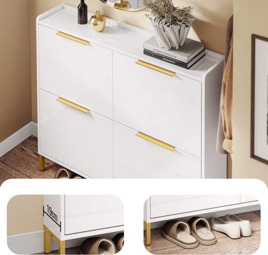 SoBuy FSR206-GW Shoe Cabinet Entrance - Ultrathin 19 cm - High Gloss White and Gold - Pour hall d'entrée, couloir, petit espace, avec protection contre l'inclinaison et protection du sol - 100x19x88.5 cm