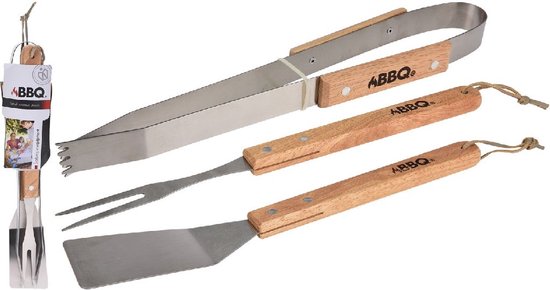 Set d'outils BBQ/barbecue 3 pièces avec manches en bois - Pince - Fourchette - Spatule