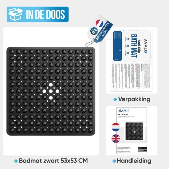 Avalo Tapis de bain / Tapis antidérapant Douche - 53x53CM - Noir - Avec ventouses - Tapis de douche antidérapant pour la douche - Tapis de salle de bain