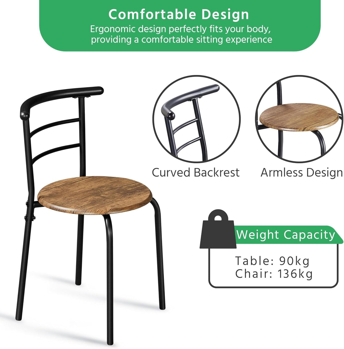 Ensemble de table à manger Yaheetech pour 2 personnes - Table 80 x 53 x 75,5 cm avec 2 chaises - Avec étagère de rangement - Marron
