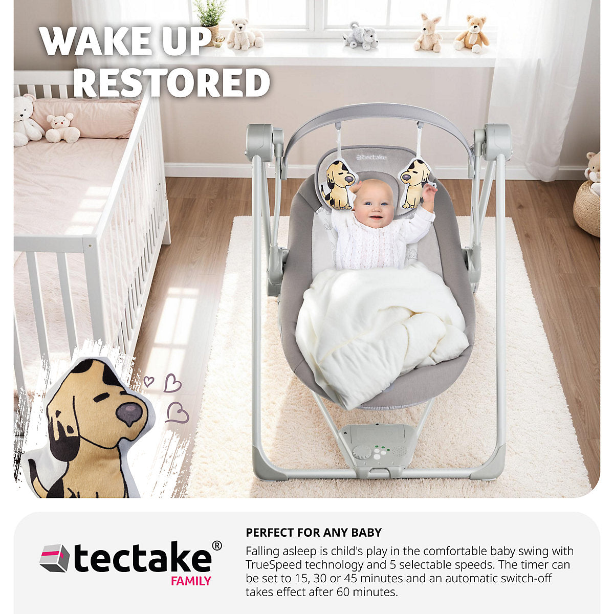 Balançoire pour bébé Tectake 75,5 x 56 x 68 cm - 5 vitesses/minuterie - 4 sons - Gris clair