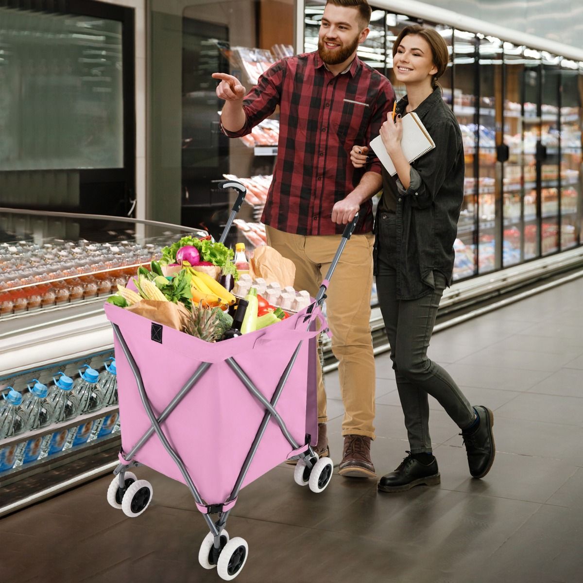 Chariot de courses pliable Coast avec roulettes - Chariot à main 90 L - Chariot de courses pliable - 66 x 46 x 94,5 cm - Rose
