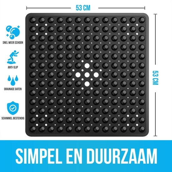 Avalo Tapis de bain / Tapis antidérapant Douche - 53x53CM - Noir - Avec ventouses - Tapis de douche antidérapant pour la douche - Tapis de salle de bain