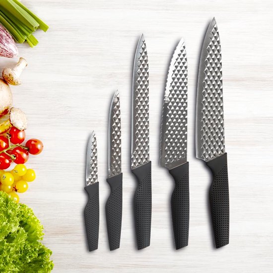 Set de couteaux Harry Blackstone Airblade - Couteaux de cuisine tranchants et résistants - Couteaux de chef avec revêtement antiadhésif - Set de 5 couteaux pour toutes les occasions