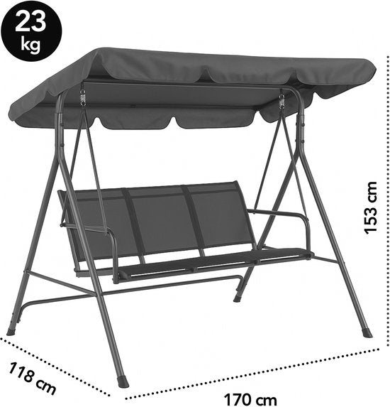 Brixy Swing Bench - 3 places - Auvent réglable - Résistant aux UV - 170x118x153cm - Anthracite