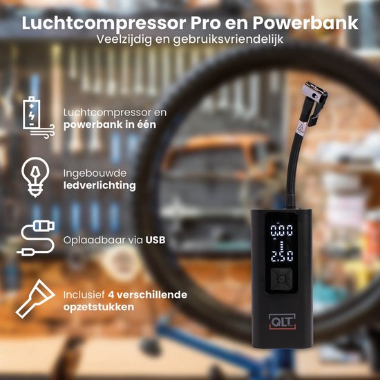 QLT Compresseur d'air sans fil Pro et Powerbank en un - 4 accessoires et câble de chargement USB inclus - 10.3 Bar - avec éclairage LED - Noir