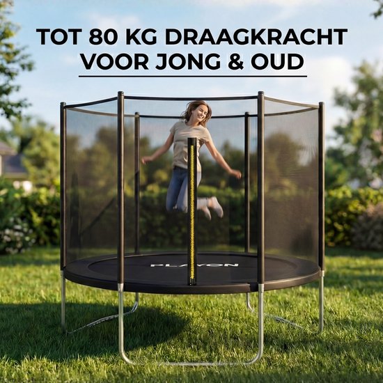 Trampoline Playon - Trampoline avec filet de sécurité - Trampoline pour enfants - Ø 183 cm – Protection latérale incluse – Résistant à l'eau et aux UV - Noir