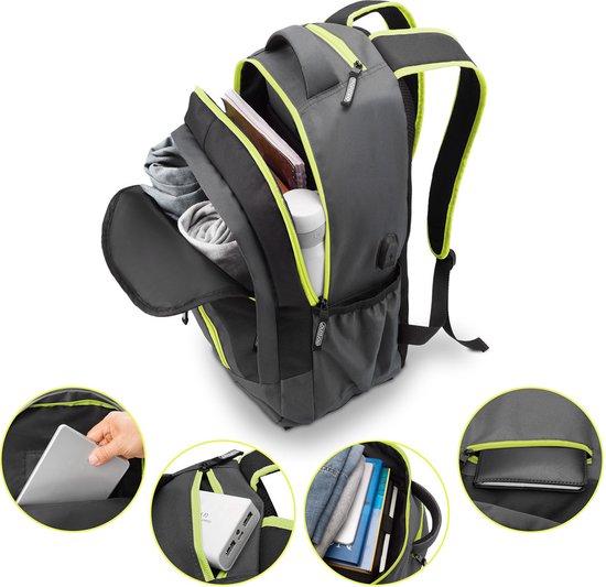 Sac à dos pour ordinateur portable - 34L avec port USB et compartiment pour ordinateur portable de 15,6" - Gris/Vert
