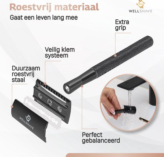 Wellshave Safety Razor Black - Stainless Steel + 20 Razors - Women & Men - Razor - Safety Razor - Double Edge - Single Blade