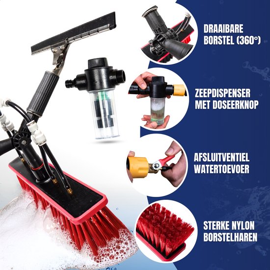 Aqualitá® Perche télescopique pour le lavage des vitres 4.6M avec Chamoisole - Lave-vitre télescopique - Nettoyeur de panneaux solaires - Set de lavage de vitres perche télescopique avec passage d'eau - Brosse de lavage télescopique - Set de brosse télesc