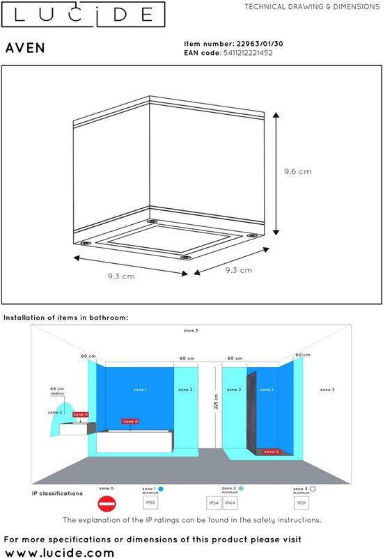 Lucide AVEN - Spot de plafond (lampe de plafond) pour salle de bains - 1xGU10 - IP65 - Noir