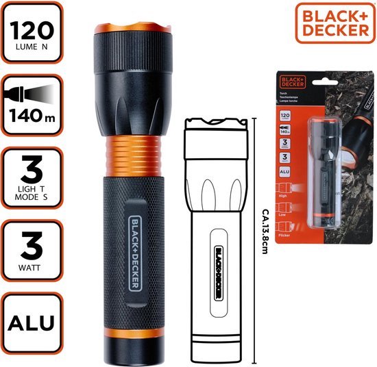 BLACK+DECKER Lampe de poche LED 120 Lumen - 3W - 140M Portée - 3 modes d'éclairage : Haut, Bas, Pulsé - Noir/Orange