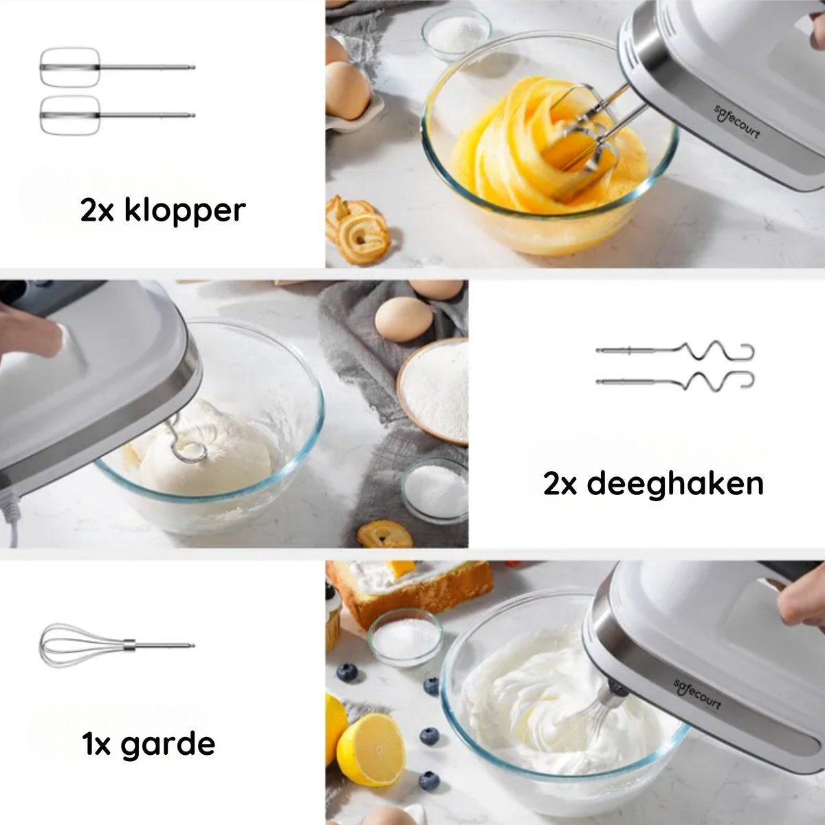 Batteur de cuisine - Safecourt Kitchen - Polyvalent, 5 vitesses - Design compact avec rangement intégré - Puissant et pratique