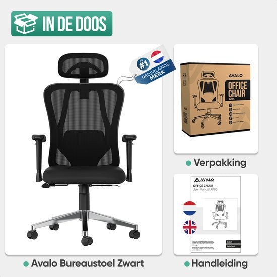 Avalo Ergonomic Office Chair With Headrest - NEN1335 - Chaises de bureau pour adultes - Chaise de bureau - 2 jeux de roues anti-rayures pour sols durs et souples inclus