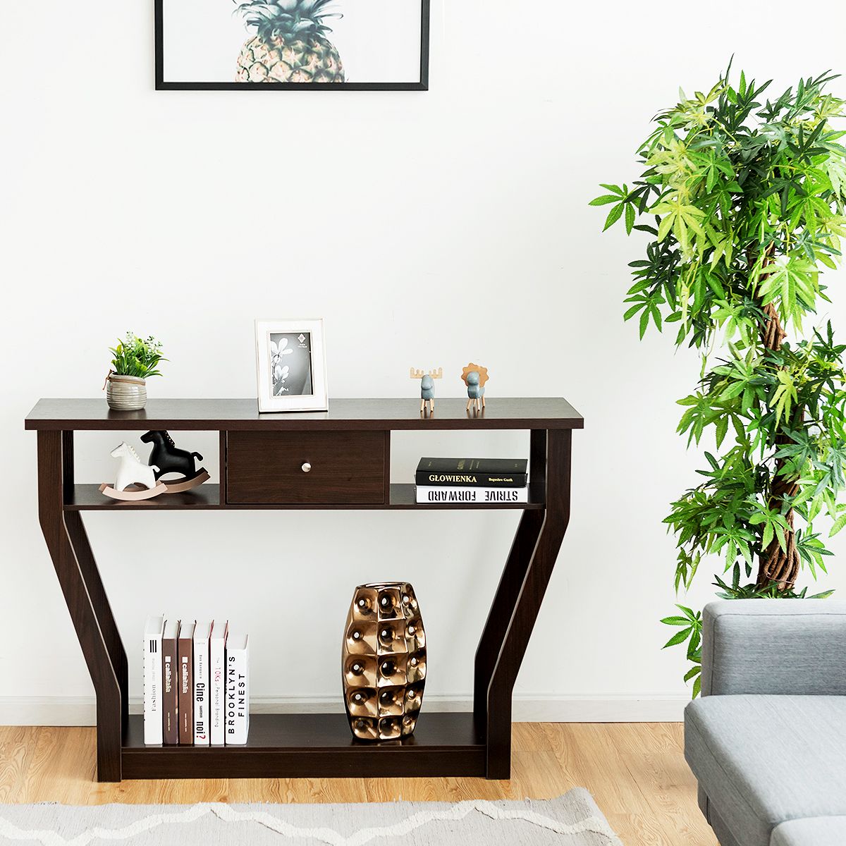Table console Coast - 3 niveaux - Avec tiroir - MDF - 120 x 30 x 81 cm - Brun