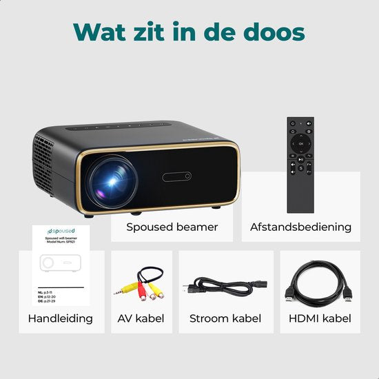 Spoused Beamer - Full-HD - 12 000 Lumens - Streaming depuis votre téléphone avec WiFi - Mini Beamer - Noir - Android