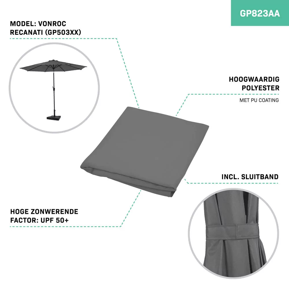 VONROC Toile de parasol GP813AA - avec sangle de fermeture - Ø300cm - Gris