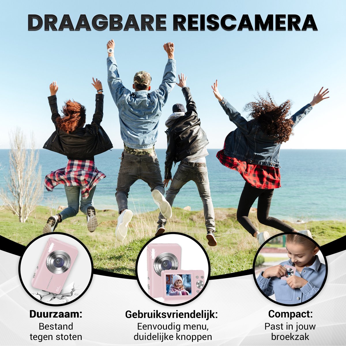 Appareil photo numérique K&L - Appareil photo - Appareil photo compact - Appareil photo pour vlog - Pour enfants - Avec carte mémoire de 32 Go - Rose